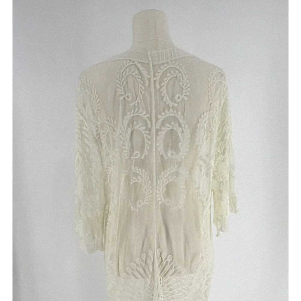 Ivory Sheer Lace Tie-Front Kimono 3/4 Sleeve One Size Indie Boho Fairy